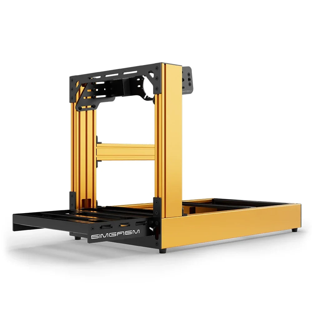 Orange SIMGASM Sport sim racing cockpit with front wheel mount, low front three-quarter view