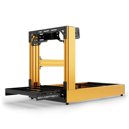 Orange SIMGASM Sport sim racing cockpit with front wheel mount, low front three-quarter view