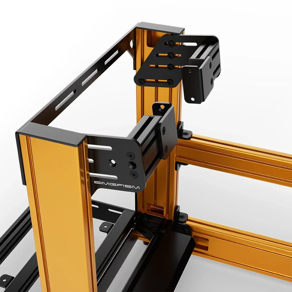 Orange SIMGASM Sport sim racing cockpit with side wheel mount, mounting hardware close-up