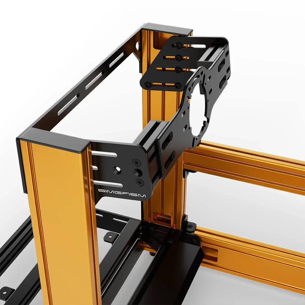 Orange SIMGASM Sport sim racing cockpit with front wheel mount, mounting hardware close-up