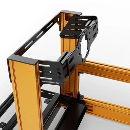 Orange SIMGASM Sport sim racing cockpit with front wheel mount, mounting hardware close-up