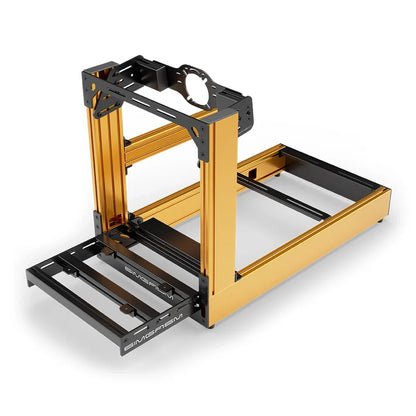 Orange SIMGASM Sport sim racing cockpit with front wheel mount, elevated front three-quarter view