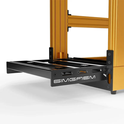 Orange SIMGASM Sport sim racing cockpit, close-up of the pedal tray and SIMGASM logo plate