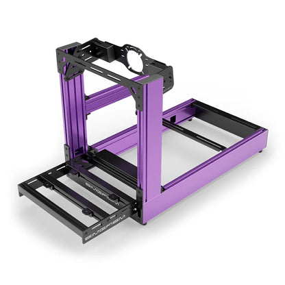Purple SIMGASM Sport sim racing cockpit with front wheel mount, elevated front three-quarter view