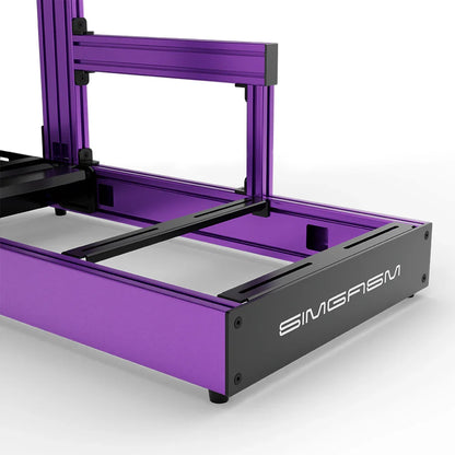 Purple SIMGASM Sport sim racing cockpit, close-up of the seat rails and SIMGASM logo end plate