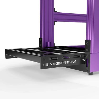 Purple SIMGASM Sport sim racing cockpit, close-up of the pedal tray and SIMGASM logo plate