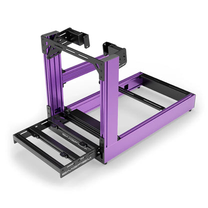Purple SIMGASM Sport sim racing cockpit with side wheel mount, elevated front three-quarter view