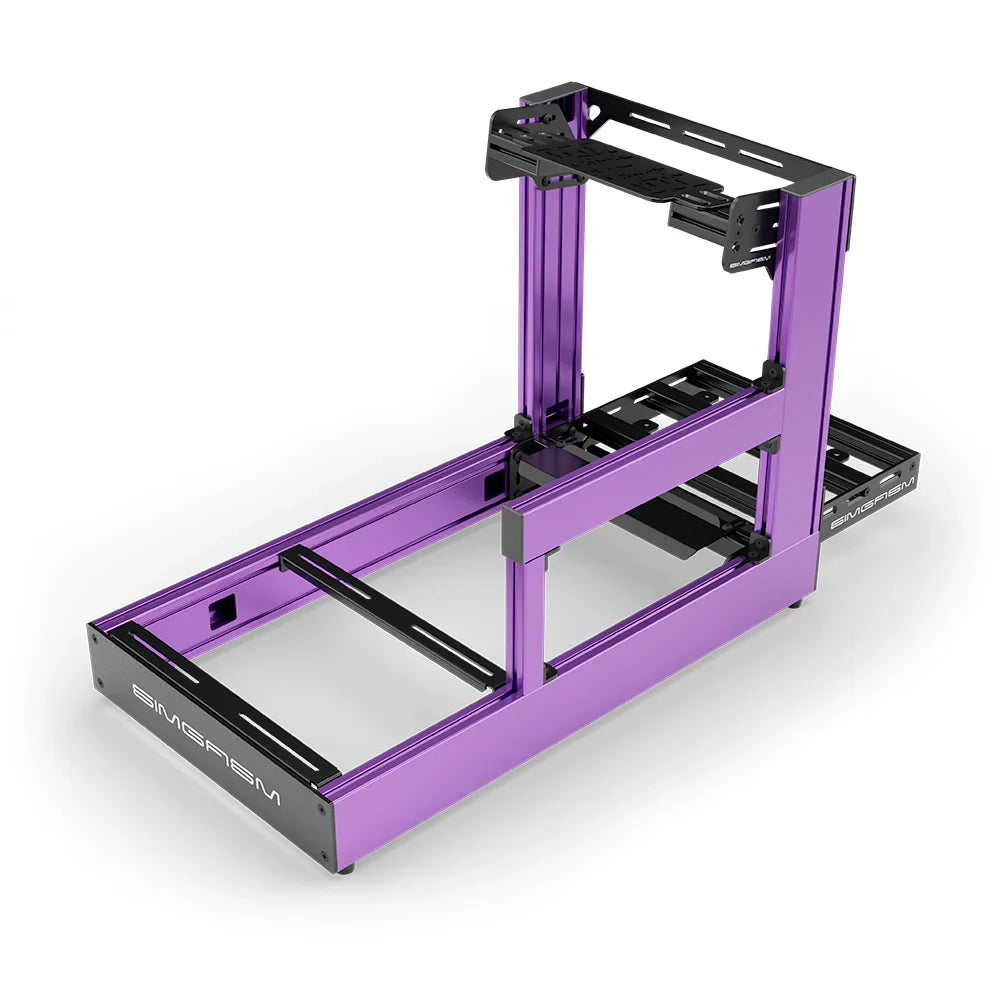 Purple SIMGASM Sport sim racing cockpit with bottom wheel mount, elevated rear three-quarter view