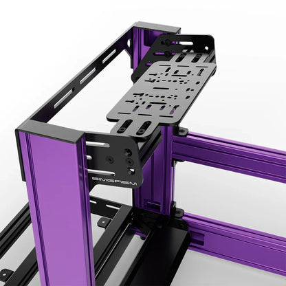 Purple SIMGASM Sport sim racing cockpit with bottom wheel mount, mounting hardware close-up