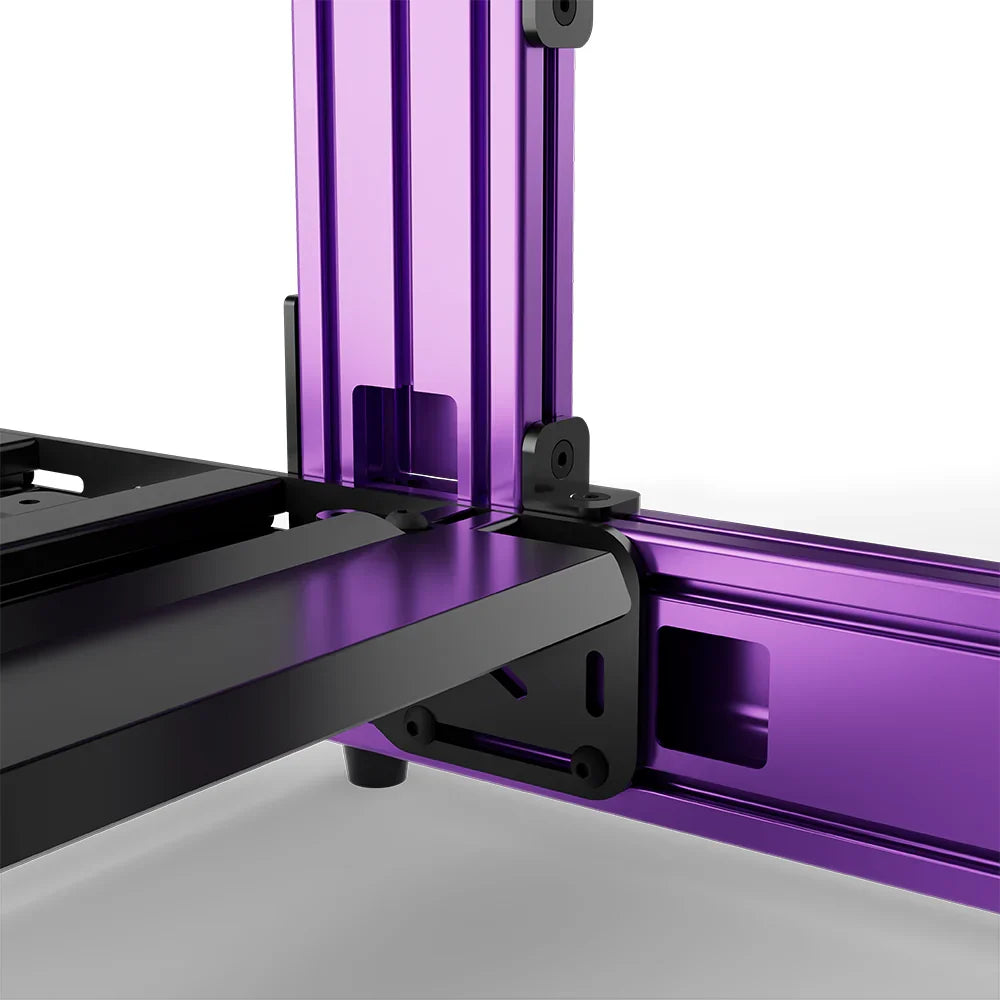 Purple SIMGASM Sport sim racing cockpit, close-up of a frame joint and triangular bracket