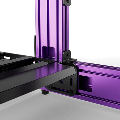 Purple SIMGASM Sport sim racing cockpit, close-up of a frame joint and triangular bracket