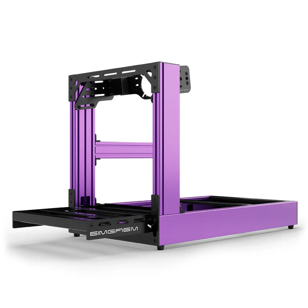 Purple SIMGASM Sport sim racing cockpit with front wheel mount, low front three-quarter view
