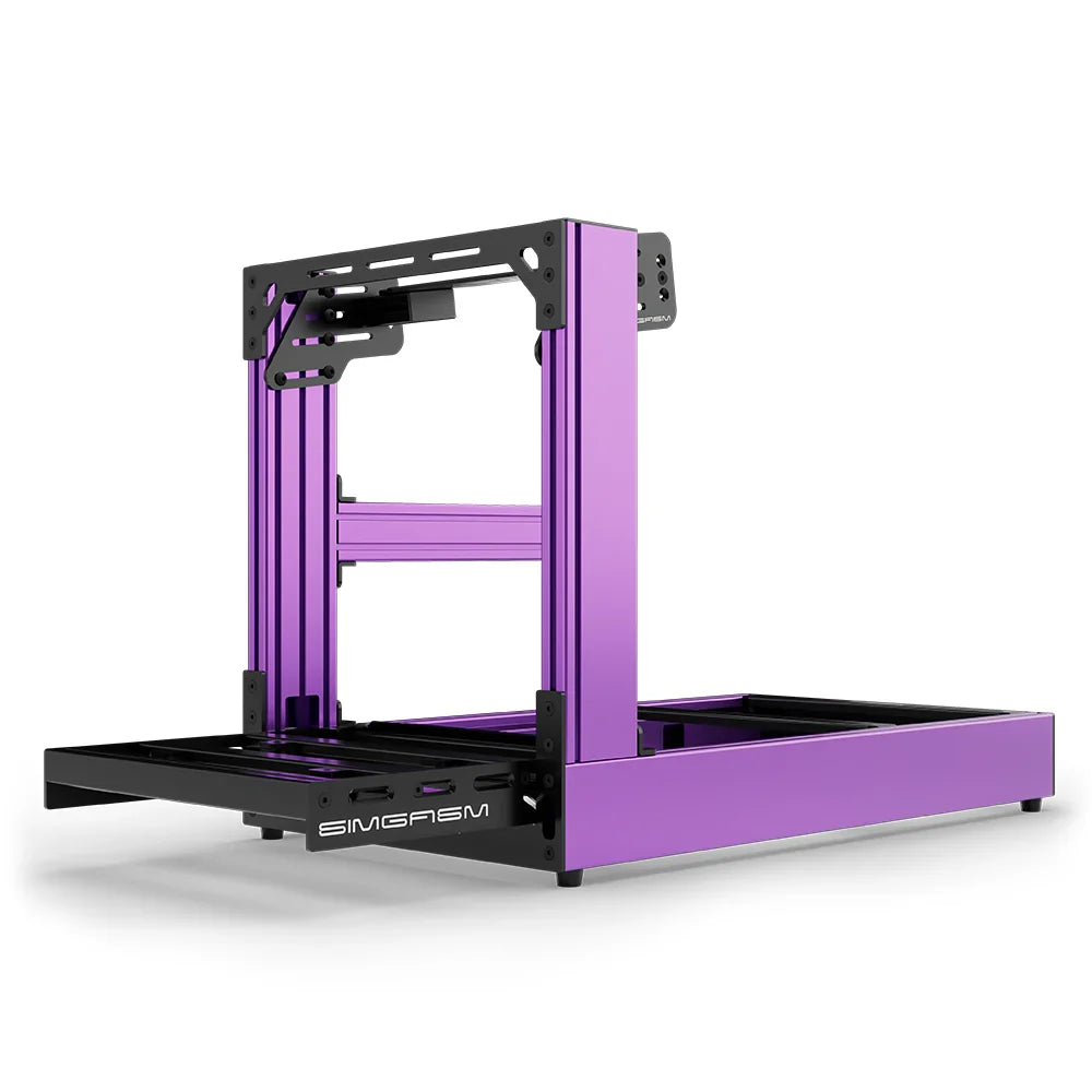 Purple SIMGASM Sport sim racing cockpit with bottom wheel mount, low front three-quarter view