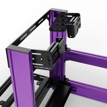 Purple SIMGASM Sport sim racing cockpit with side wheel mount, mounting hardware close-up