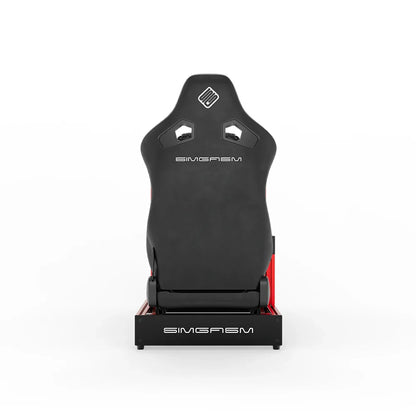 Red SIMGASM Sport sim racing cockpit with MOZA gear and black reclining seat, direct rear view
