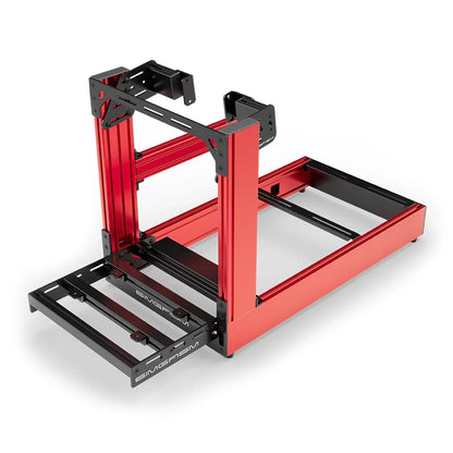 Red SIMGASM Sport sim racing cockpit with side wheel mount, elevated front three-quarter view