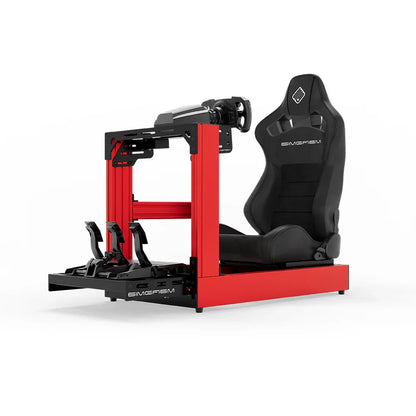Red SIMGASM Sport sim racing cockpit with MOZA gear and black reclining seat, opposite side with cushions