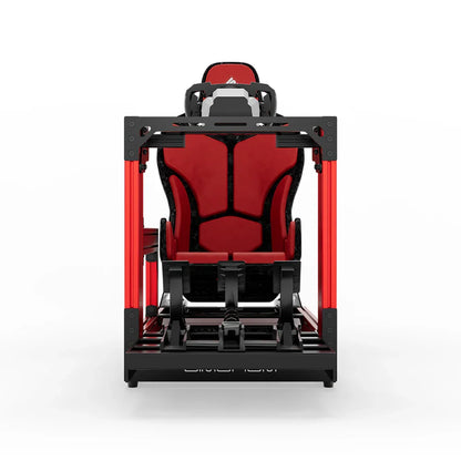 Red SIMGASM Sport sim racing cockpit with MOZA gear and Forged Carbon Look Formula seat, direct front view
