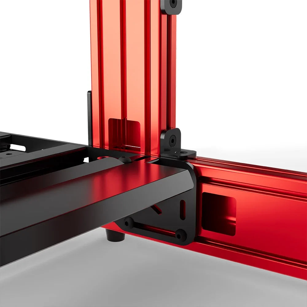 Red SIMGASM Sport sim racing cockpit, close-up of a frame joint and triangular bracket