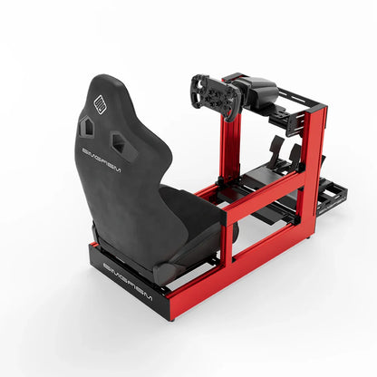 Red SIMGASM Sport sim racing cockpit with MOZA gear and black reclining seat, rear three-quarter view