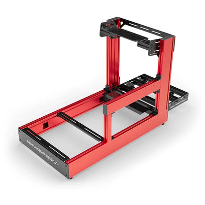 Red SIMGASM Sport sim racing cockpit with bottom wheel mount, elevated rear three-quarter view