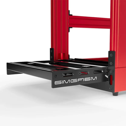 Red SIMGASM Sport sim racing cockpit, close-up of the pedal tray and SIMGASM logo plate