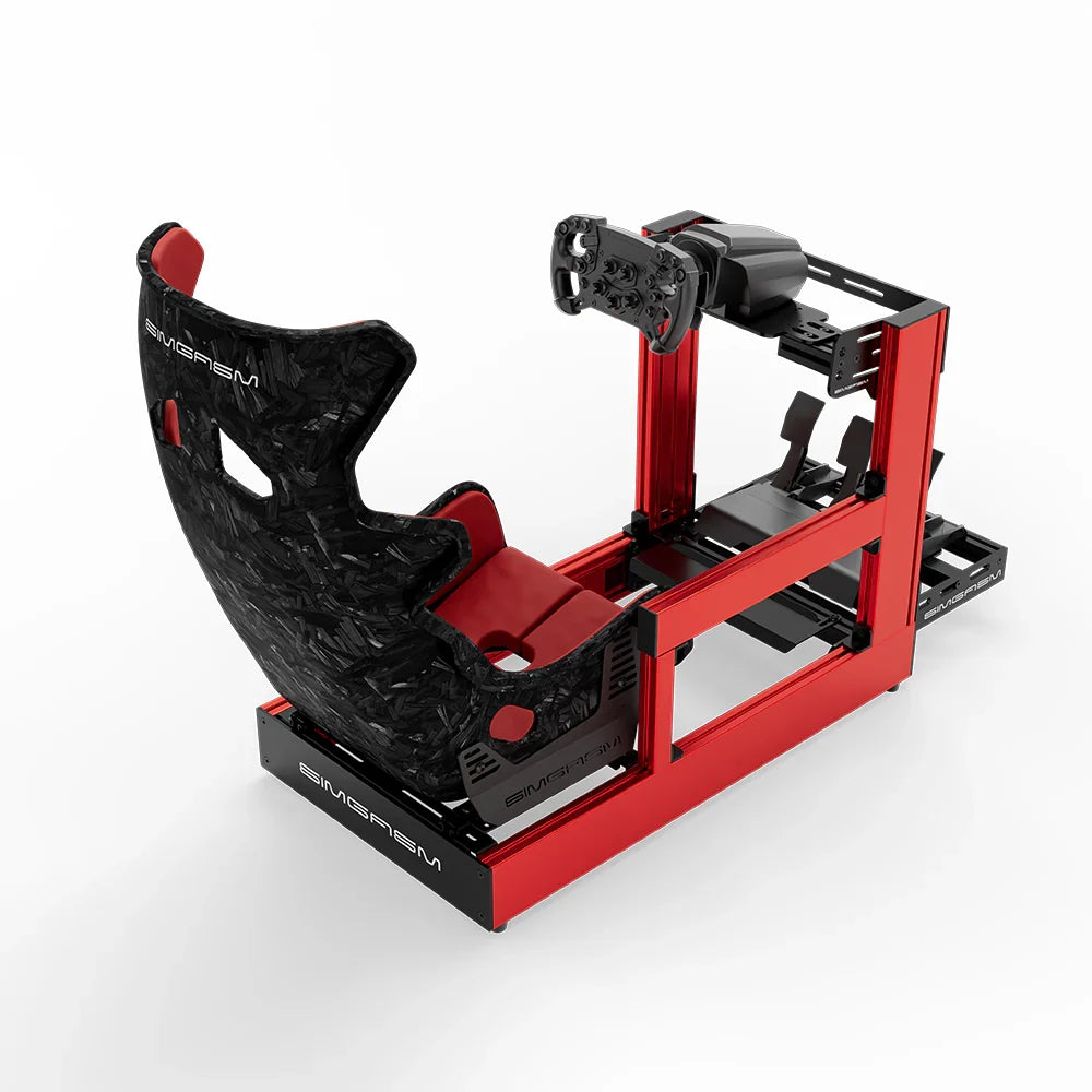 Red SIMGASM Sport sim racing cockpit with MOZA gear and Forged Carbon Look GT seat, rear three-quarter view