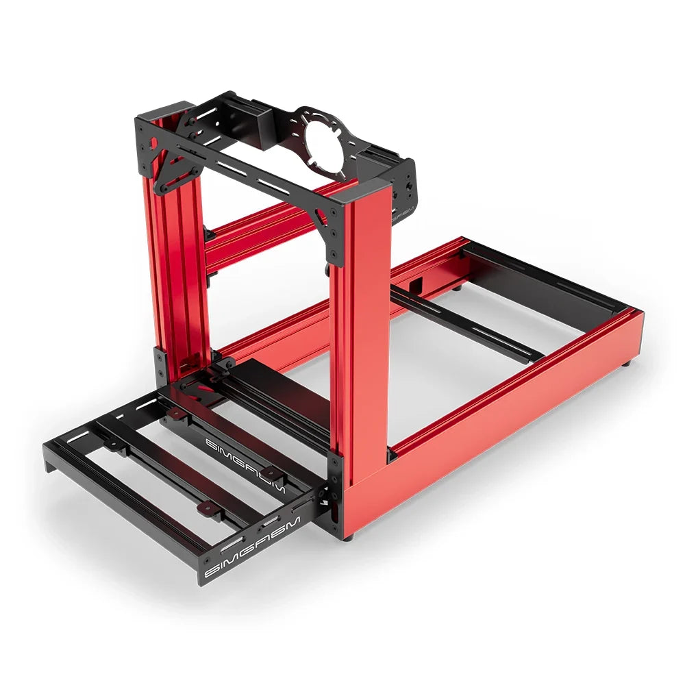 Red SIMGASM Sport sim racing cockpit with front wheel mount, elevated front three-quarter view