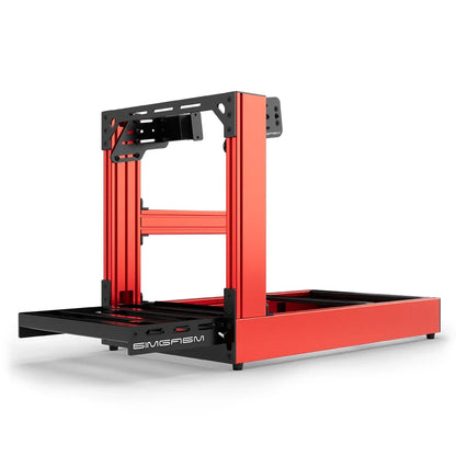 Red SIMGASM Sport sim racing cockpit with side wheel mount, low front three-quarter view