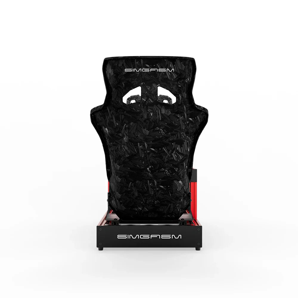 Red SIMGASM Sport sim racing cockpit with MOZA gear and Forged Carbon Look GT seat, direct rear view