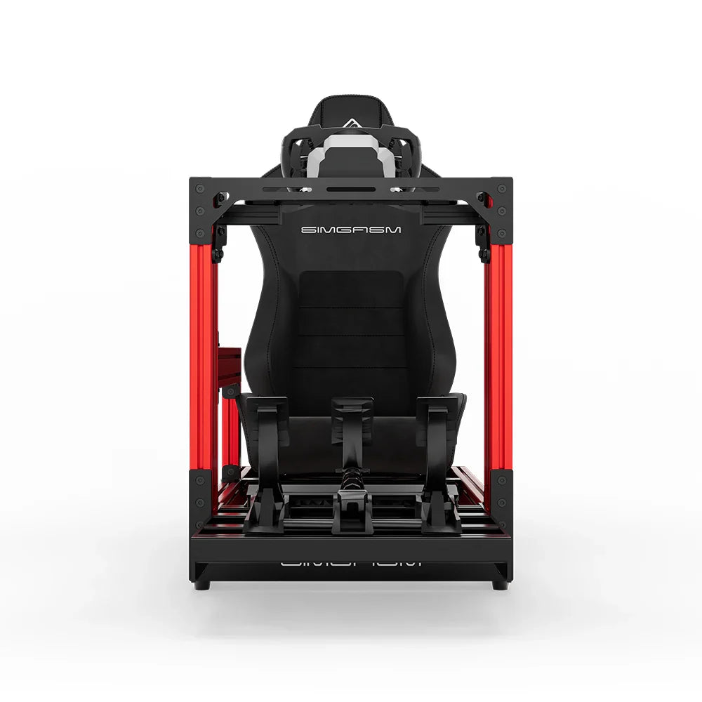 Red SIMGASM Sport sim racing cockpit with MOZA gear and black reclining seat, direct front view