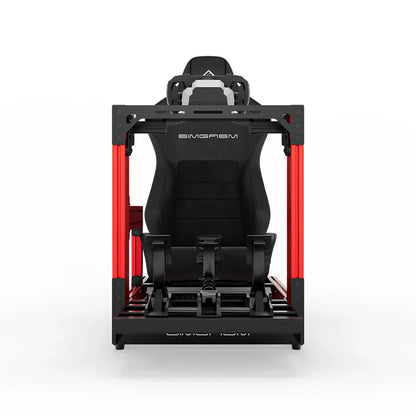 Red SIMGASM Sport sim racing cockpit with MOZA gear and black reclining seat, direct front view