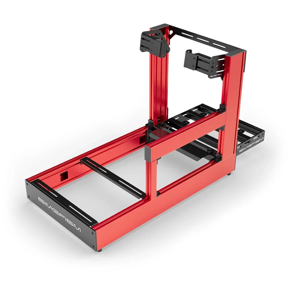 Red SIMGASM Sport sim racing cockpit with side wheel mount, elevated rear three-quarter view