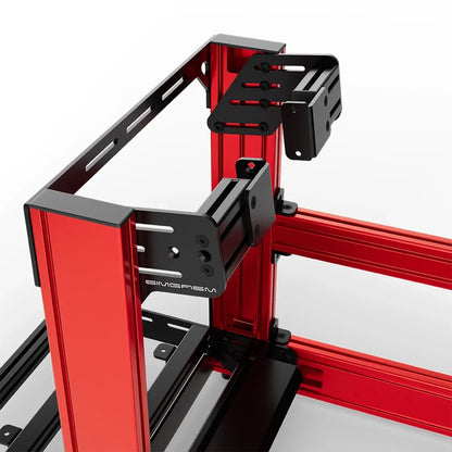 Red SIMGASM Sport sim racing cockpit with side wheel mount, mounting hardware close-up
