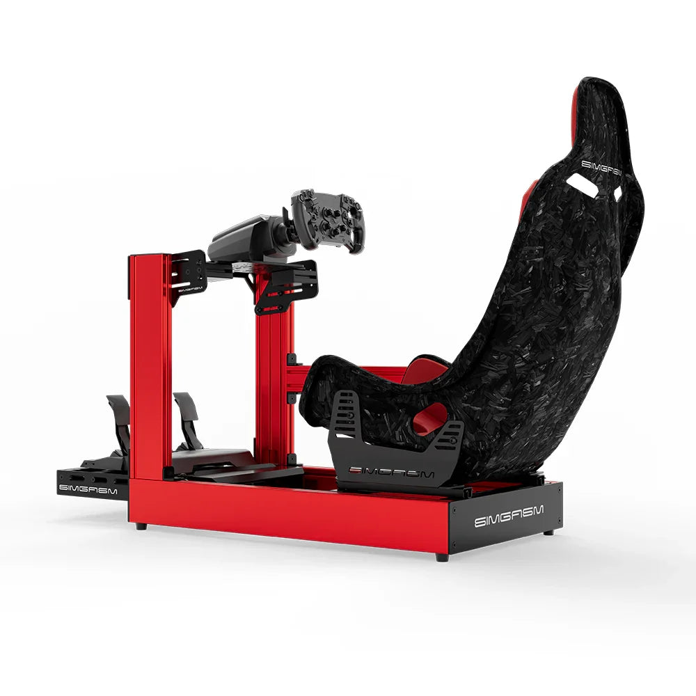 Red SIMGASM Sport sim racing cockpit with MOZA gear and Forged Carbon Look Formula seat, side view showing seat back
