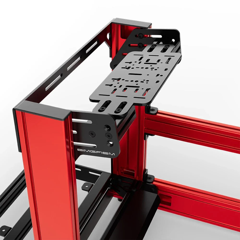 Red SIMGASM Sport sim racing cockpit with bottom wheel mount, mounting hardware close-up