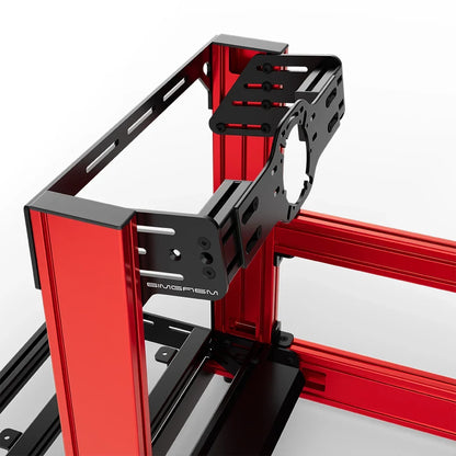 Red SIMGASM Sport sim racing cockpit with front wheel mount, mounting hardware close-up