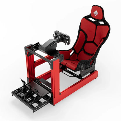 Red SIMGASM Sport sim racing cockpit with MOZA gear and Forged Carbon Look Formula seat, front three-quarter with pedals