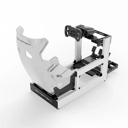 White SIMGASM Sport sim racing cockpit with MOZA gear and white GT seat, rear three-quarter view