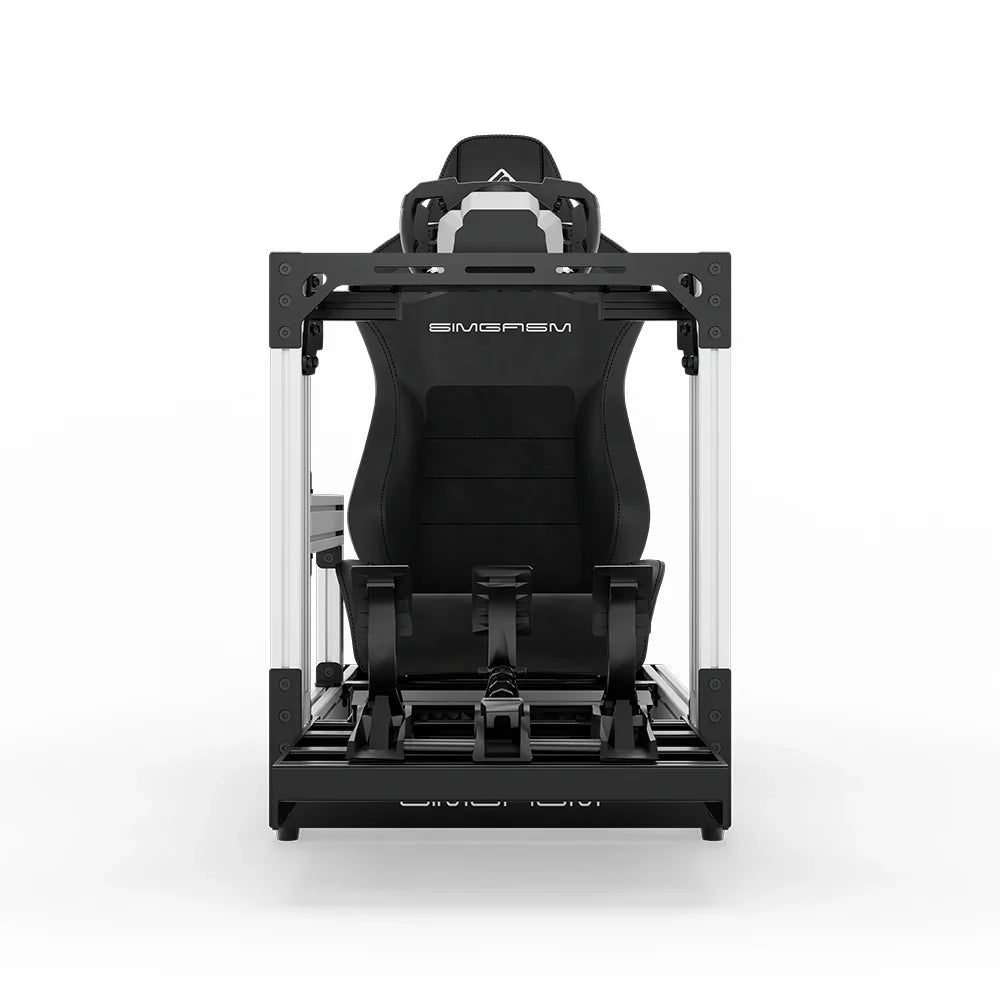 White SIMGASM Sport sim racing cockpit with MOZA gear and black reclining seat, direct front view