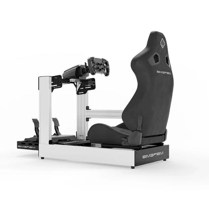 White SIMGASM Sport sim racing cockpit with MOZA gear and black reclining seat, side view showing seat back