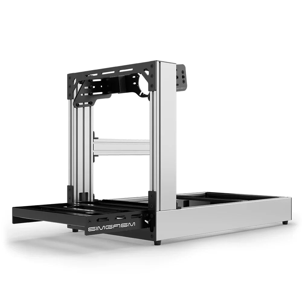 Silver SIMGASM Sport sim racing cockpit with front wheel mount, low front three-quarter view