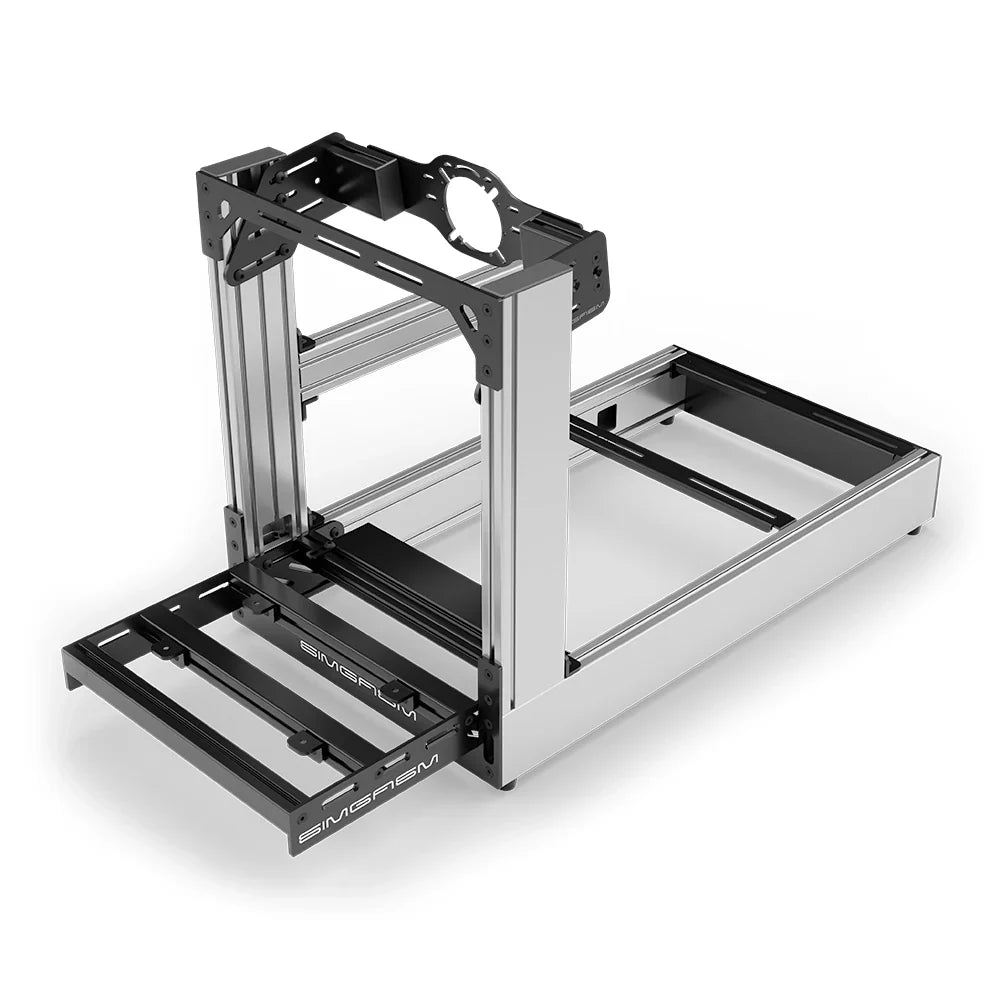 Silver SIMGASM Sport sim racing cockpit with front wheel mount, elevated front three-quarter view