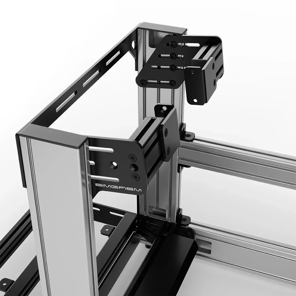Silver SIMGASM Sport sim racing cockpit with side wheel mount, mounting hardware close-up