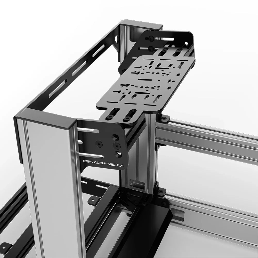 Silver SIMGASM Sport sim racing cockpit with bottom wheel mount, mounting hardware close-up