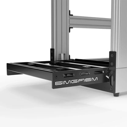 Silver SIMGASM Sport sim racing cockpit, close-up of the pedal tray and SIMGASM logo plate