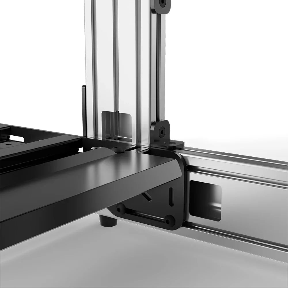 Silver SIMGASM Sport sim racing cockpit, close-up of a frame joint and triangular bracket