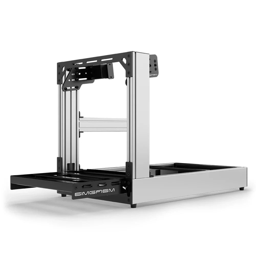 Silver SIMGASM Sport sim racing cockpit with side wheel mount, low front three-quarter view