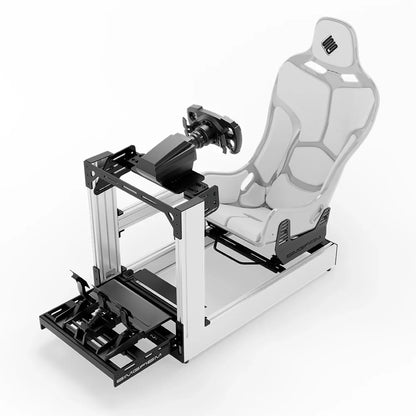 White SIMGASM Sport sim racing cockpit with MOZA gear and white Formula seat, front three-quarter with pedals