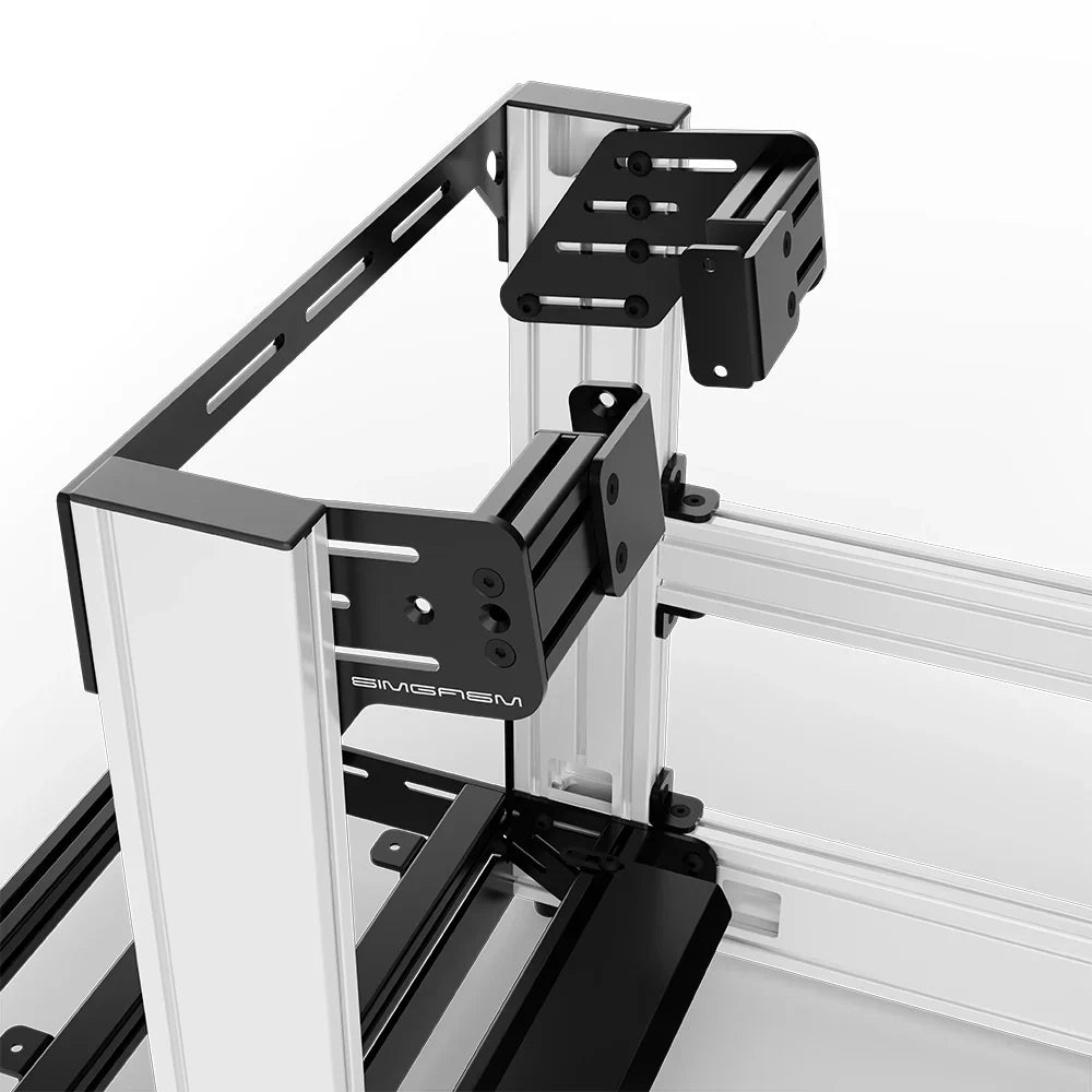 White SIMGASM Sport sim racing cockpit with side wheel mount, mounting hardware close-up